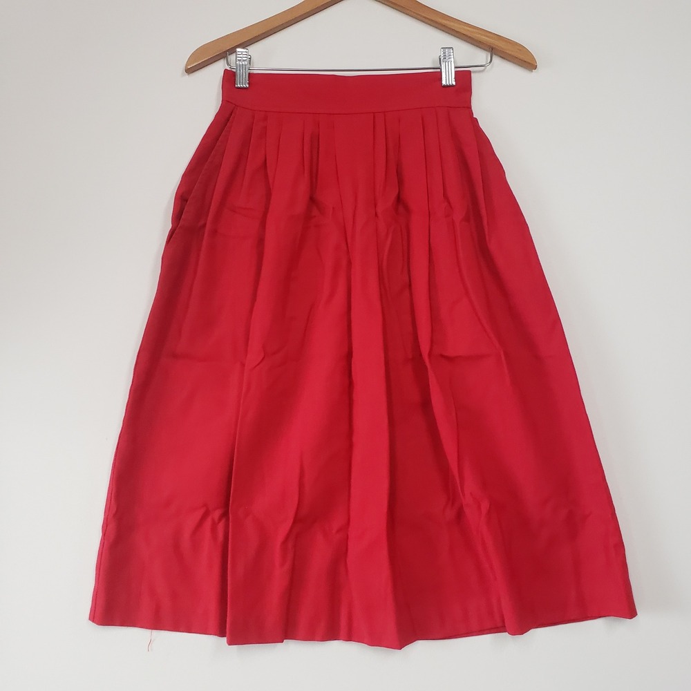 Claude Pleated Midi Skirt Womens 7/8 Red Vintage 70s High Waist Pockets Made USA